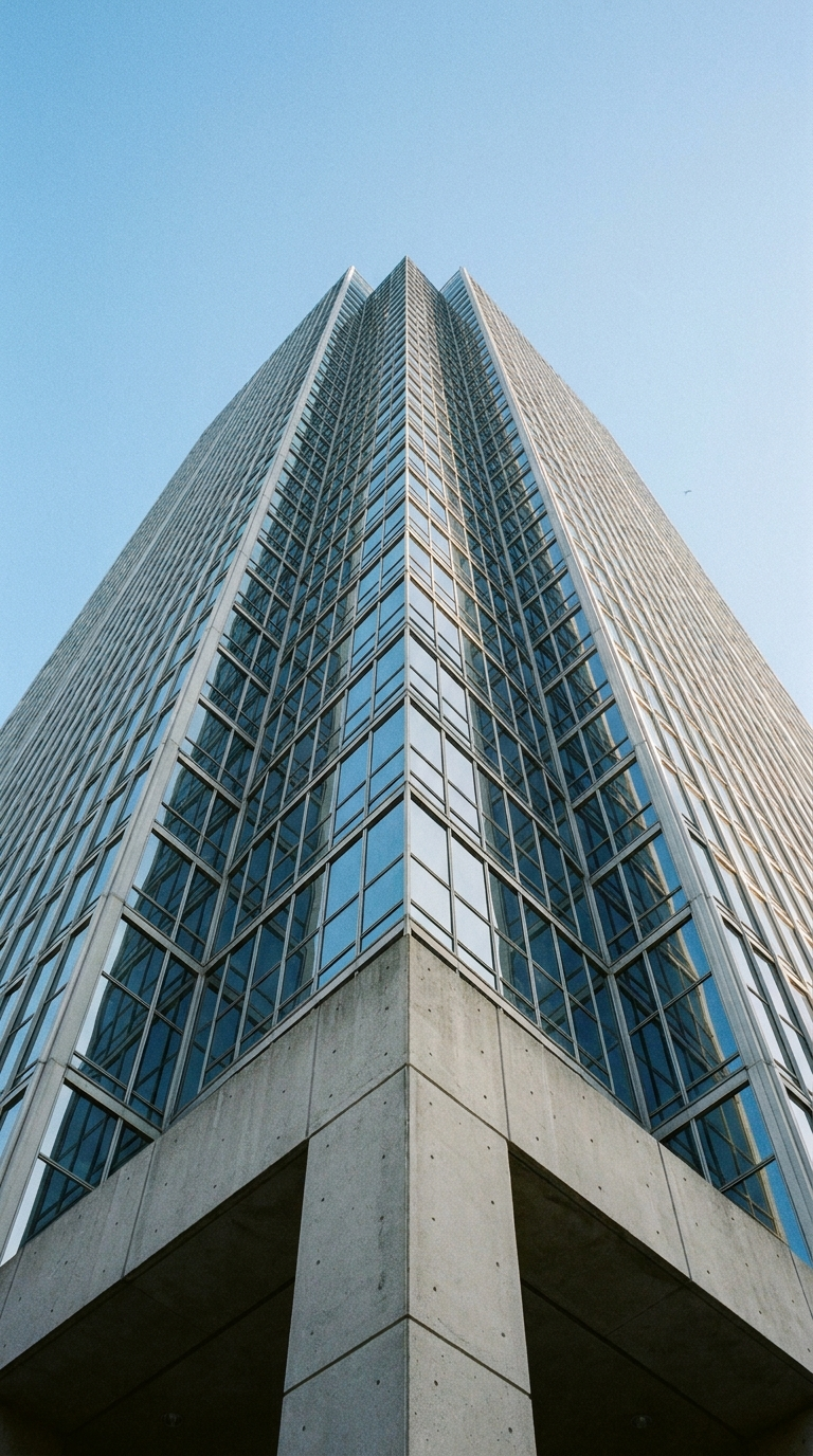 Modern skyscraper rising from its concrete foundation